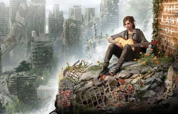 Картинка город, гитара, небоскребы, постапокалипсис, fan art, элли, the last of us