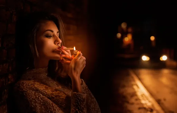 Картинка девушка, ночь, город, сигарета