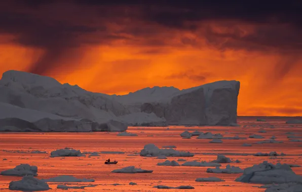 Twilight, sea, ocean, sunset, dusk, boat, fisherman, iceberg