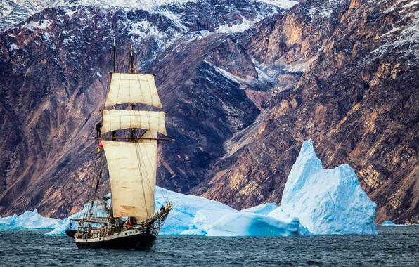 Картинка море, горы, парусник, Дания, льдины, айсберги, фьорд, Гренландия