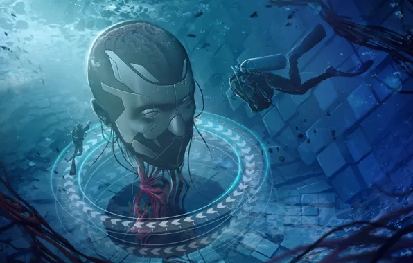 Пузырьки, голова, исследование, аквалангисты, Head Under Water