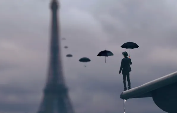 Картинка крыша, капли, дождь, Париж, зонт, мужчина