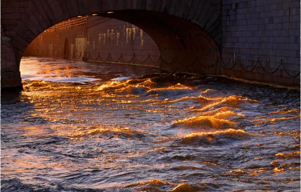 Волны, вода, солнце, мост, город, отблеск, Стокгольм, Швеция