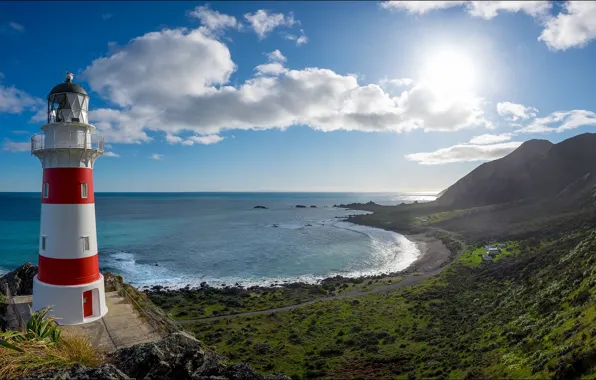 Картинка небо, облака, океан, побережье, маяк, Новая Зеландия, New Zealand, Wellington