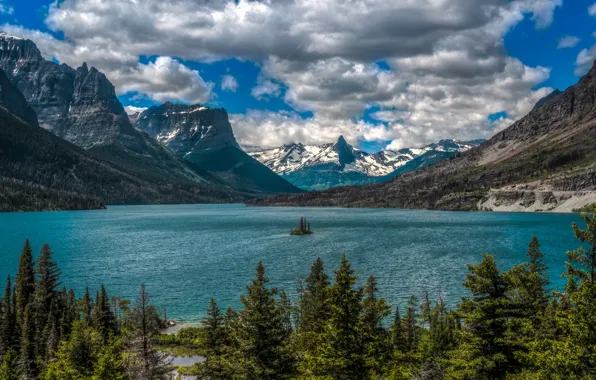Облака, горы, озеро, Монтана, островок, Glacier National Park, Saint Mary Lake, Скалистые горы