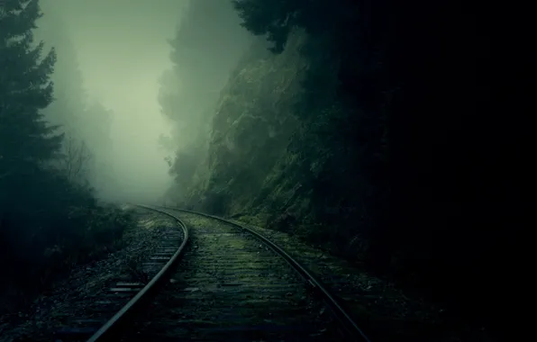 Картинка лес, туман, рельсы, поворот