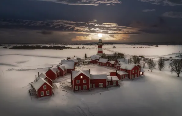 Картинка зима, снег, ночь, маяк, домики, Россия, Рязанская область, Андрей Чабров