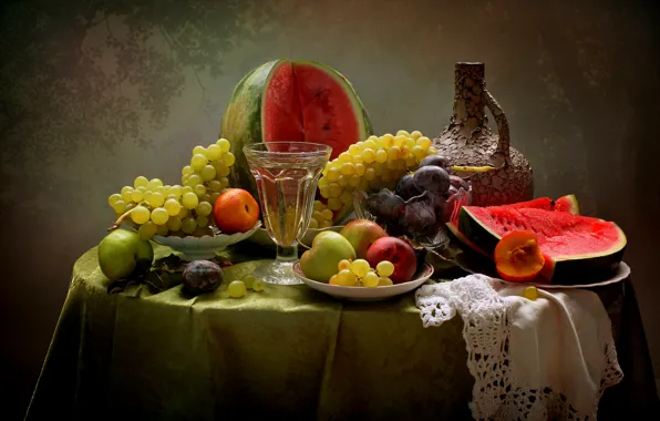 Картинка лето, вино, яблоки, арбуз, виноград, фрукты, натюрморт, сливы