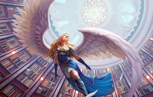 Картинка девушка, книги, крылья, ангел, перья, арт, библиотека, свод