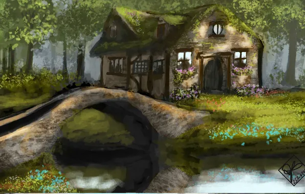 Картинка лес, деревья, цветы, мост, дом, река, арт, арка