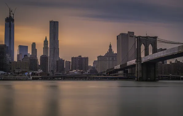 Город, река, Нью-Йорк, небоскребы, Бруклинский мост