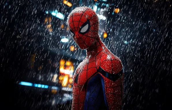 Ночь, город, дождь, Marvel, супер герои, человек паук, Marvel Comics, Comics