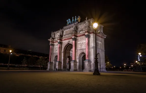 Ночь, огни, Франция, Париж, триумфвльная арка