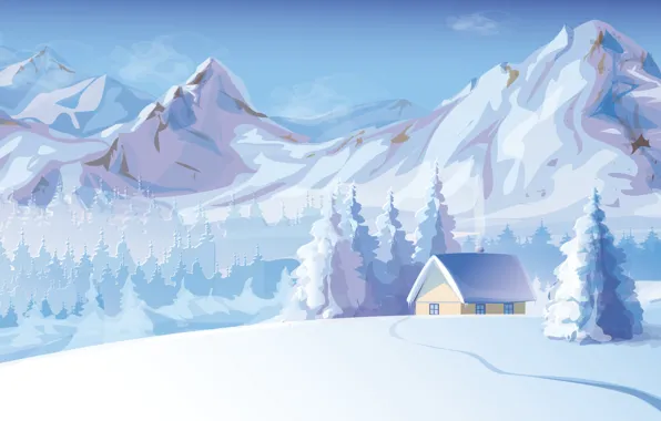 Картинка снег, деревья, горы, дым, Зима, домик