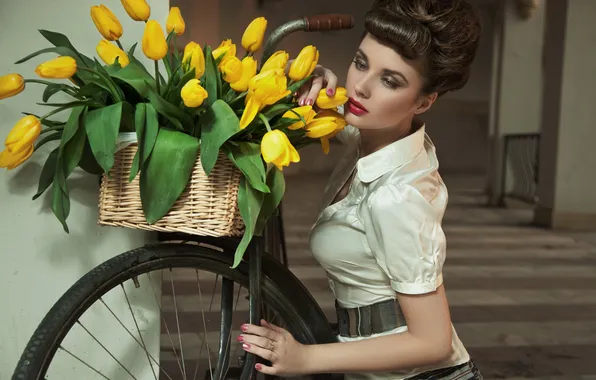 Девушка, цветы, ретро, прическа, желтые тюльпаны