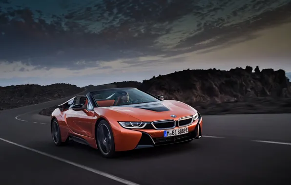 Картинка дорога, скалы, BMW, родстер, 2018, i8, тёмно-оранжевый, i8 Roadster