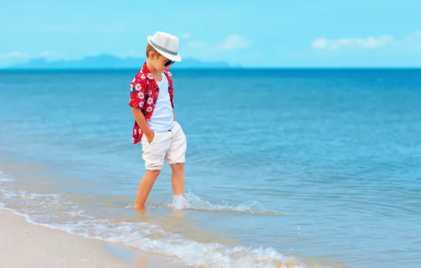 Море, побережье, шорты, шляпа, мальчик, sea, coast, child