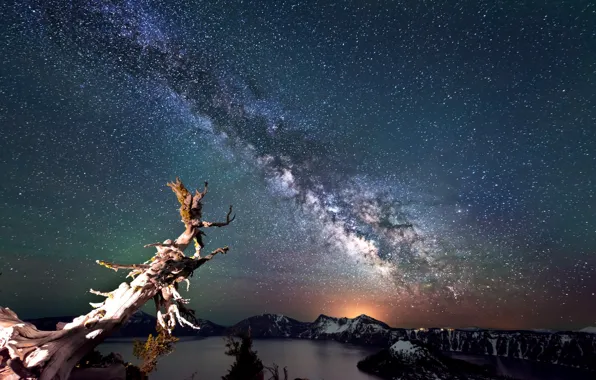 Картинка небо, звезды, млечный путь, Oregon, landscape, night sky, Crater Lake, Crater Lake National Park