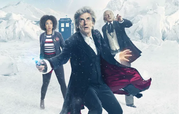 Картинка зима, снег, горы, будка, Doctor Who, снежные, Доктор Кто, ТАРДИС
