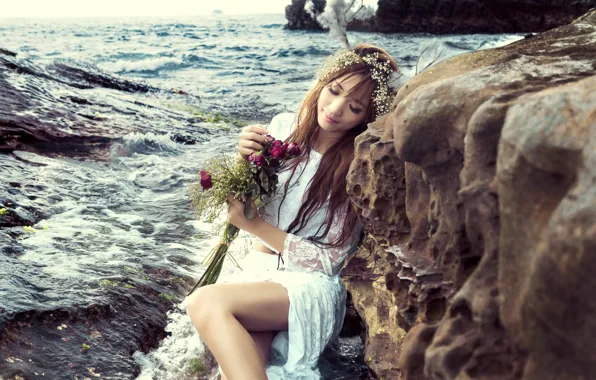 Море, девушка, цветы, настроение, розы, букет, венок