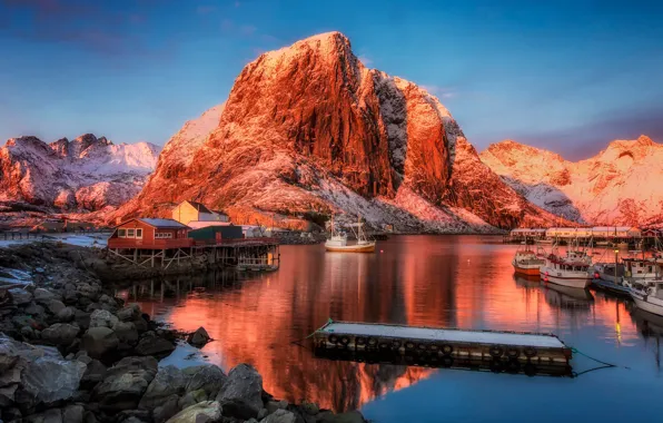 Картинка горы, корабли, деревня, порт, Норвегия, Norway, фьорд, Лофотен