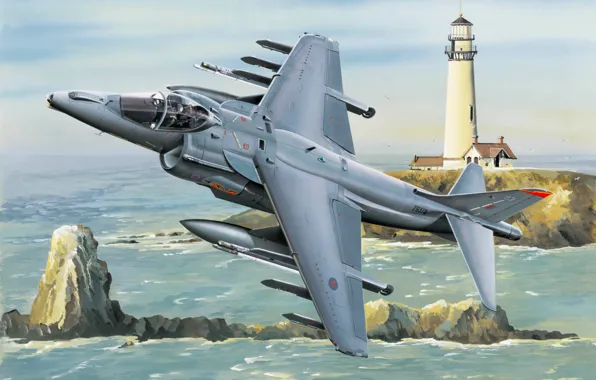Картинка war, art, airplane, painting, aviation, ww2, Hawker Harrier