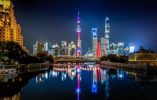 Картинка ночь, город, отражение, здания, башня, освещение, Китай, Шанхай