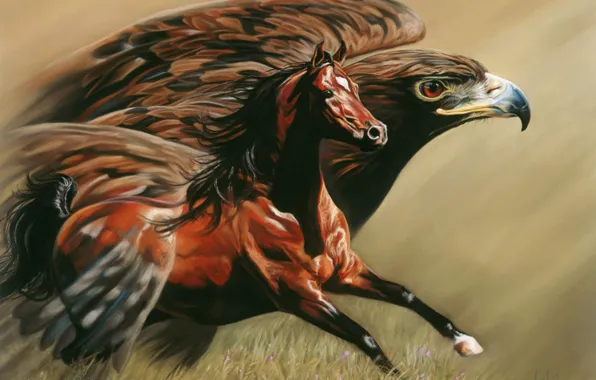 Рисунок, Лошадь, Орел, painting