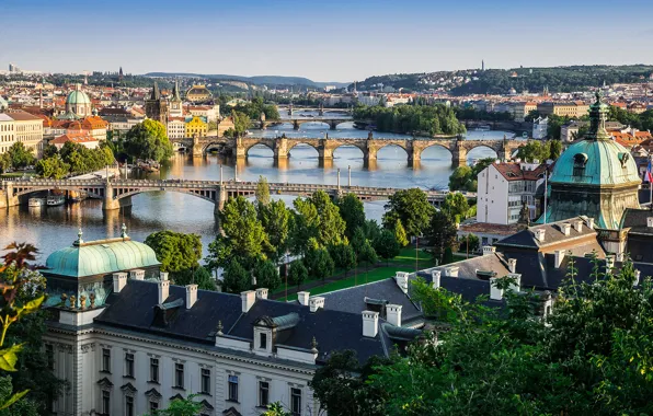 Картинка небо, дома, Прага, Чехия, панорама, мосты, река Влтава