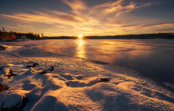 Лед, зима, небо, снег, озеро, рассвет, Норвегия, Norway