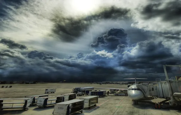 Aircraft, clouds, people, Airport, cargo