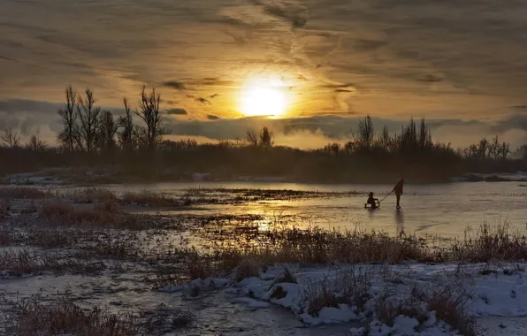 Картинка зима, закат, озеро, лёд