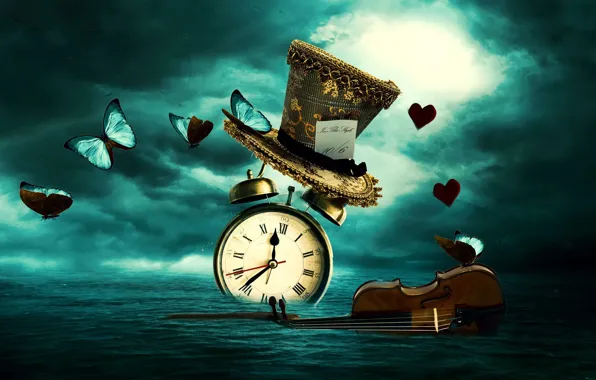 Fantasy, time, watch, butterflies