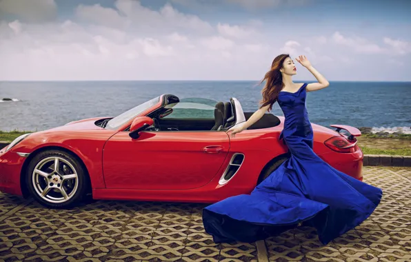 Картинка азиатка, платье, набережная, Porsche, авто, машина, кабриолет, девушка