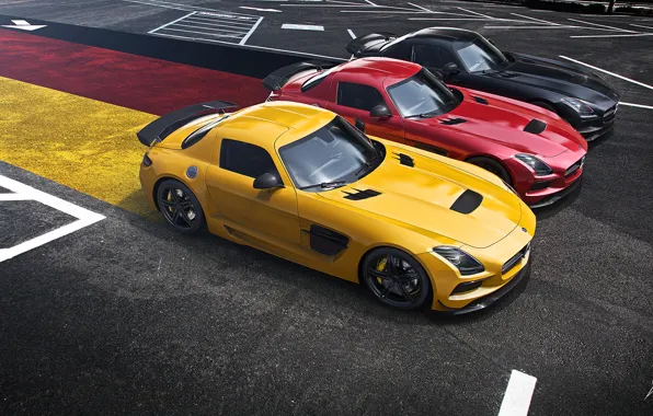 Картинка Mercedes-Benz, German, Red, AMG, Black, SLS, Yellow, Widescreen
