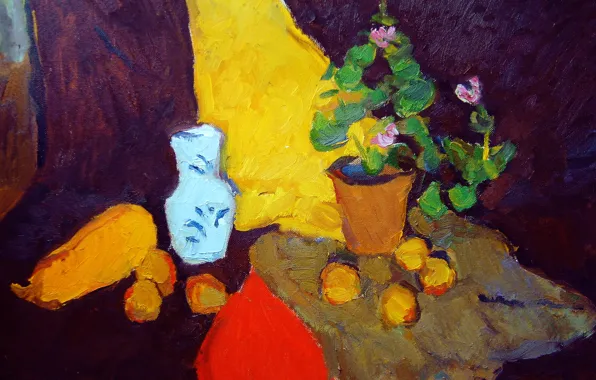 Картинка 2006, ваза, натюрморт, фиолетовые цветы, Петяев, жёлтый кабачок