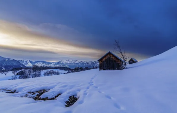 Картинка зима, снег, горы, следы, Австрия, долина, Альпы, сарай