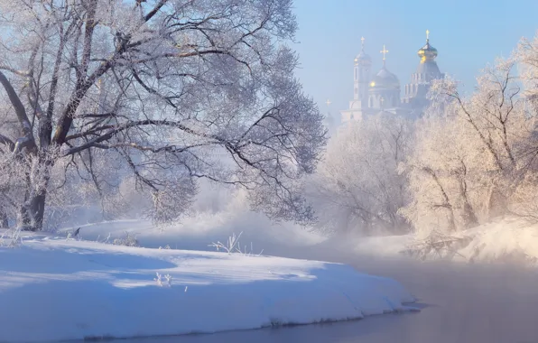 Зима, иней, снег, деревья, пейзаж, природа, река, монастырь