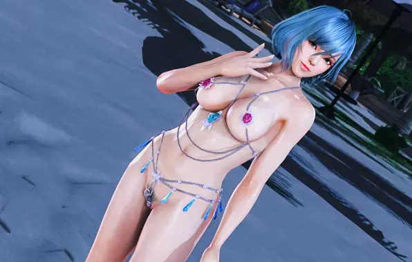 Girl, sexy, beach, green eyes, boobs, anime, beautiful, short hair