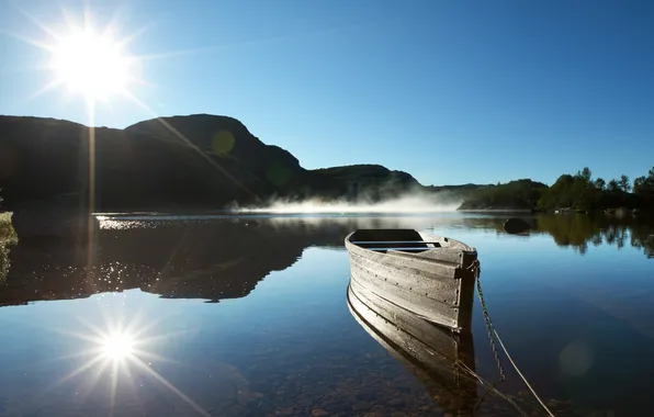 Картинка солнце, озеро, лодка