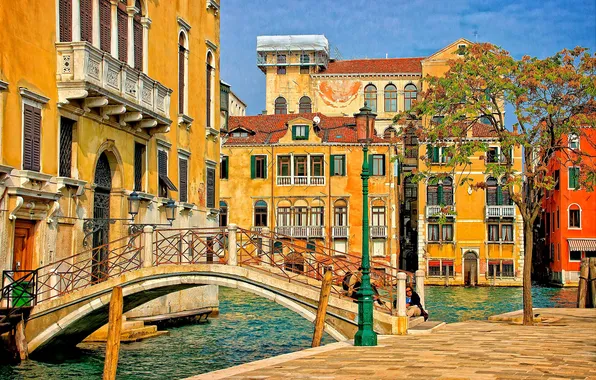 Картинка мост, дерево, дома, Италия, фонарь, Венеция, канал