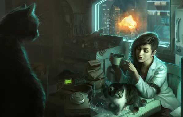 Картинка кошки, взрыв, Девушка, окно, квартира, беспорядок