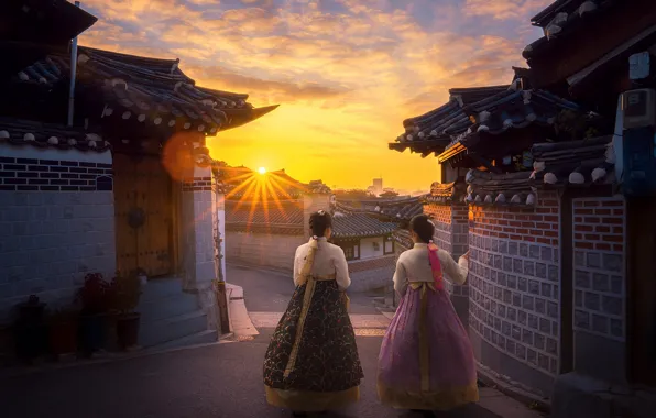 Картинка солнце, девушки, рассвет, утро, кореянки, ханбок, hanbok