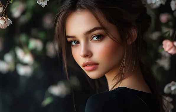 Взгляд, девушка, цветы, ветки, природа, лицо, темный фон, портрет