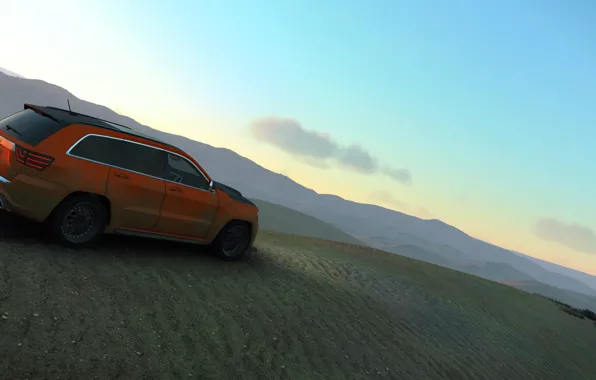Srt, carro, jogo, laranja, deserto, horizonte, cheroki Gran, jipe