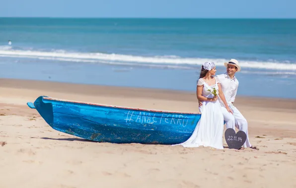 Песок, лодка, пара, невеста, жених