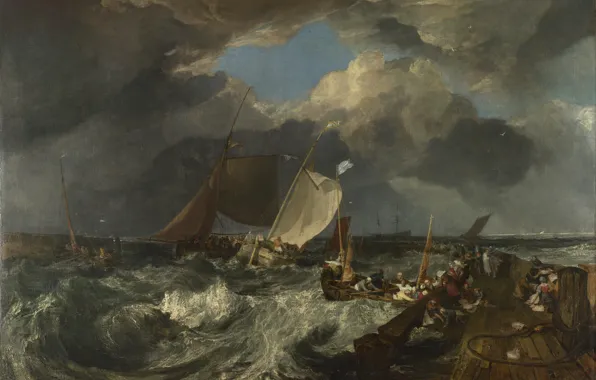 Море, небо, тучи, шторм, люди, лодка, корабль, картина