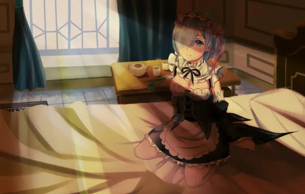 Девушка, демон, сидит, anime, горничная, art, Rem, Re: Zero kara Hajimeru Isekai Seikatsu