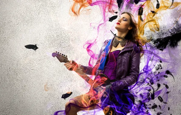 Картинка девушка, музыка, дым, гитара, рок