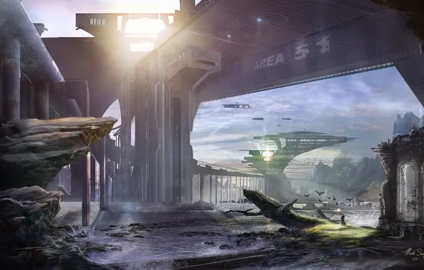 Небо, горы, птицы, человек, руины, Area 51, Early dawn